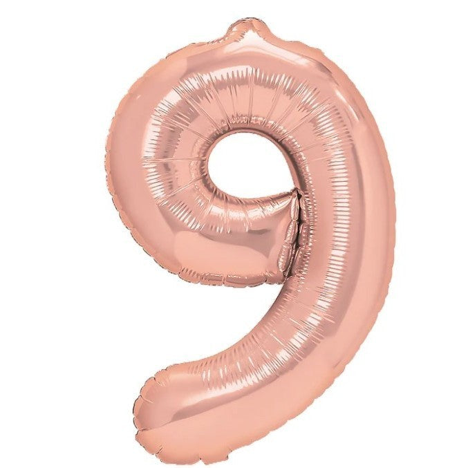 Balon Aniversar Cifra 9, Figurina Gigant 100 cm, Folie Metalizata, Umflare Aer sau Heliu, Include Pai, Rose Gold
