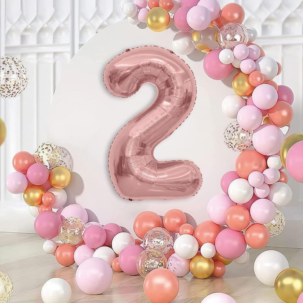 Balon Aniversar Cifra 2, Figurina Gigant 100 cm pentru Aniversari si Petreceri, Folie Metalizata, Umflare Aer sau Heliu, Include Pai, Rose Coral