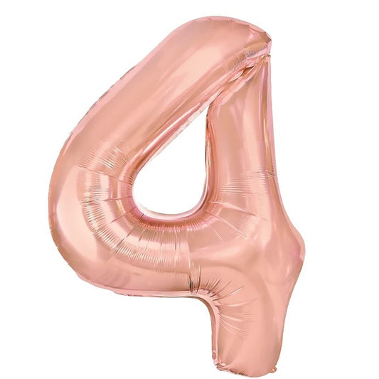 Balon Aniversar Cifra 4 din Folie Metalizata, Figurina Gigant pentru Petrecere, Umflare Aer sau Heliu, Include Pai, 100 cm, Rose Gold