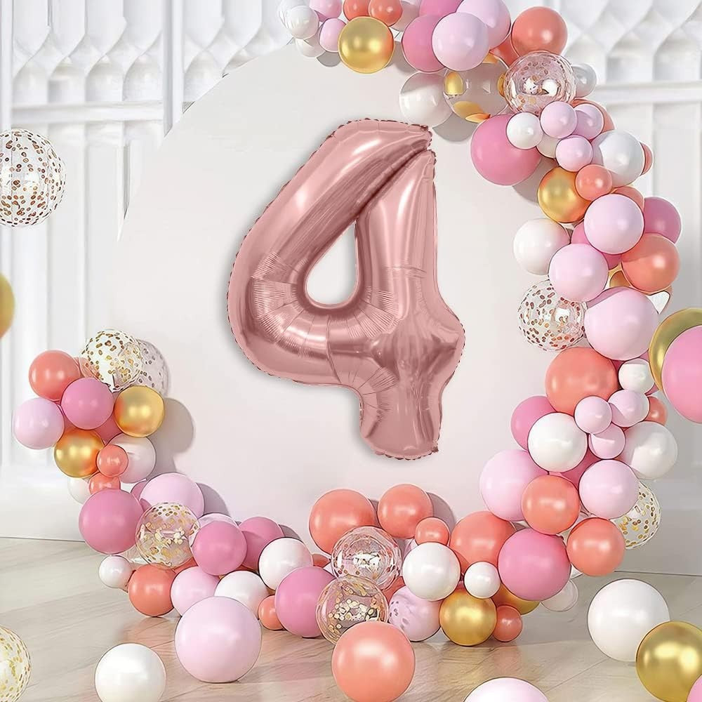 Balon Aniversar Cifra 4 din Folie Metalizata, Figurina Gigant pentru Petrecere, Umflare Aer sau Heliu, Include Pai, 100 cm, Rose Gold