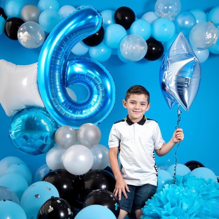 Balon Aniversar Cifra 6, Figurina din Folie Metalizata, Umflare cu Aer sau Heliu, Inclusiv Pai pentru Umflare, 100 cm, Albastru