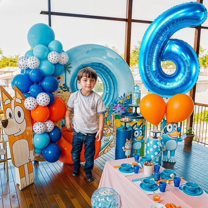 Balon Aniversar Cifra 6, Figurina din Folie Metalizata, Umflare cu Aer sau Heliu, Inclusiv Pai pentru Umflare, 100 cm, Albastru