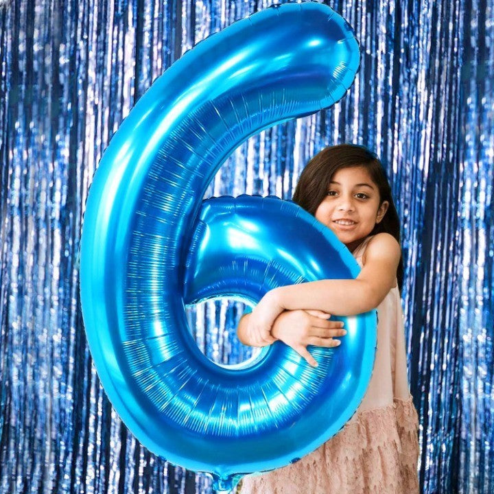 Balon Aniversar Cifra 6, Figurina din Folie Metalizata, Umflare cu Aer sau Heliu, Inclusiv Pai pentru Umflare, 100 cm, Albastru