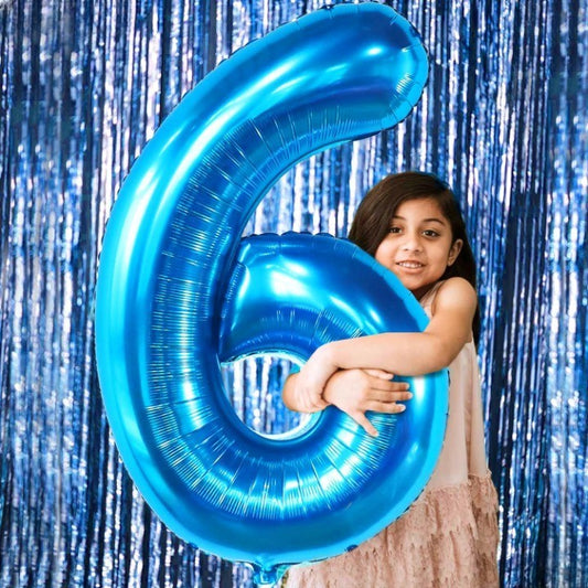 Balon Aniversar Cifra 6, Figurina din Folie Metalizata, Umflare cu Aer sau Heliu, Inclusiv Pai pentru Umflare, 100 cm, Albastru