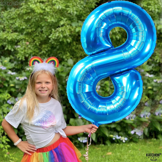 Balon Aniversar Cifra 8, Figurina din Folie Metalizata, Umflare Aer sau Heliu, Inclus Pai Umflare, 100 cm, Albastru