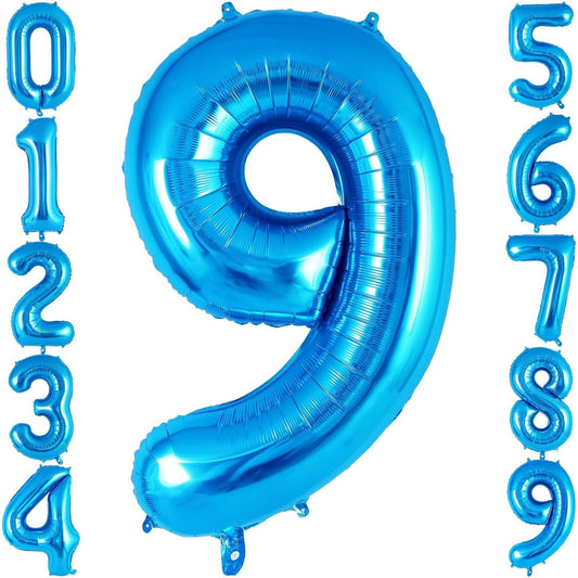 Balon Aniversar Cifra 9, Figurina din Folie de Aluminiu, Umflare cu Aer sau Heliu, Include Pai, Albastru, 100 cm