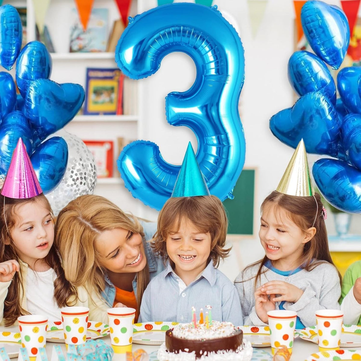 Balon Aniversar Cifra 3, Figurina Gigant 100 cm, Folie Metalizata, Umflare Aer sau Heliu, Include Pai, Albastru