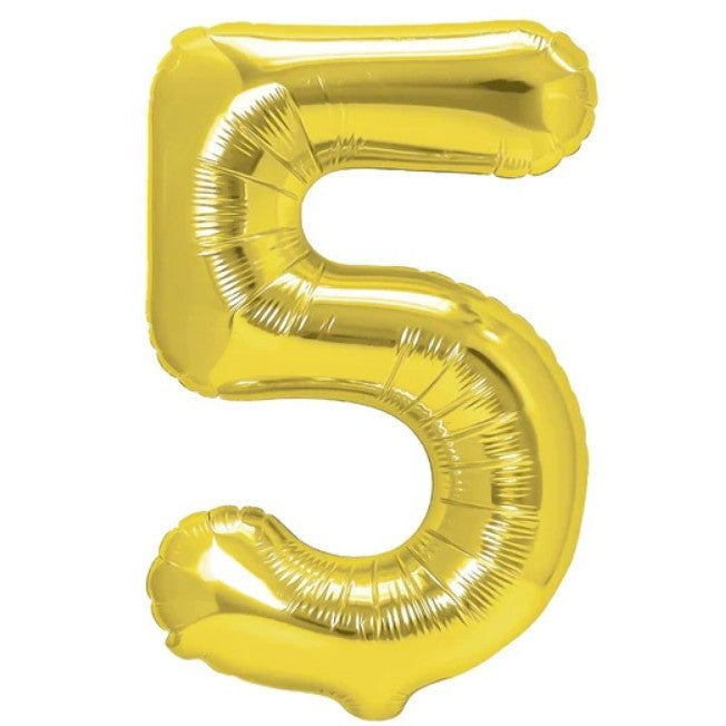 Balon Aniversar Cifra 5, Figurina Gigant din Folie Metalizata, Umflare Aer sau Heliu, Include Pai, 100 cm, Auriu