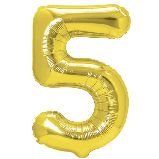 Balon Aniversar Cifra 5, Figurina Gigant din Folie Metalizata, Umflare Aer sau Heliu, Include Pai, 100 cm, Auriu