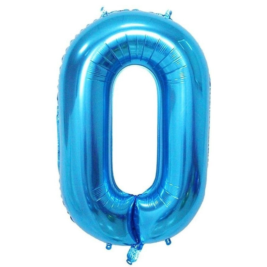 Balon Aniversar Cifra 0, Figurina din Folie Metalizata, Umflare Aer sau Heliu, Inclusiv Pai, 100 cm, Albastru