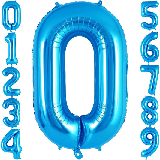Balon Aniversar Cifra 0, Figurina din Folie Metalizata, Umflare Aer sau Heliu, Inclusiv Pai, 100 cm, Albastru