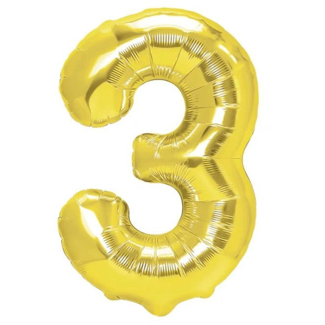 Balon Aniversar Cifra 3, Figurina Gigant din Folie Metalizata, Umflare Aer sau Heliu, Include Pai, 100 cm, Auriu