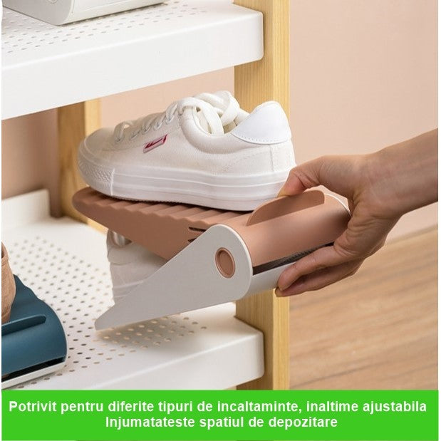 Suport Pantofi Organizator pentru Economisire Spatiu, Inaltime Reglabila pe 4 Niveluri, Suprafata Antiderapanta, Plastic Rezistent, 25.5x11x7.5 cm, Roz
