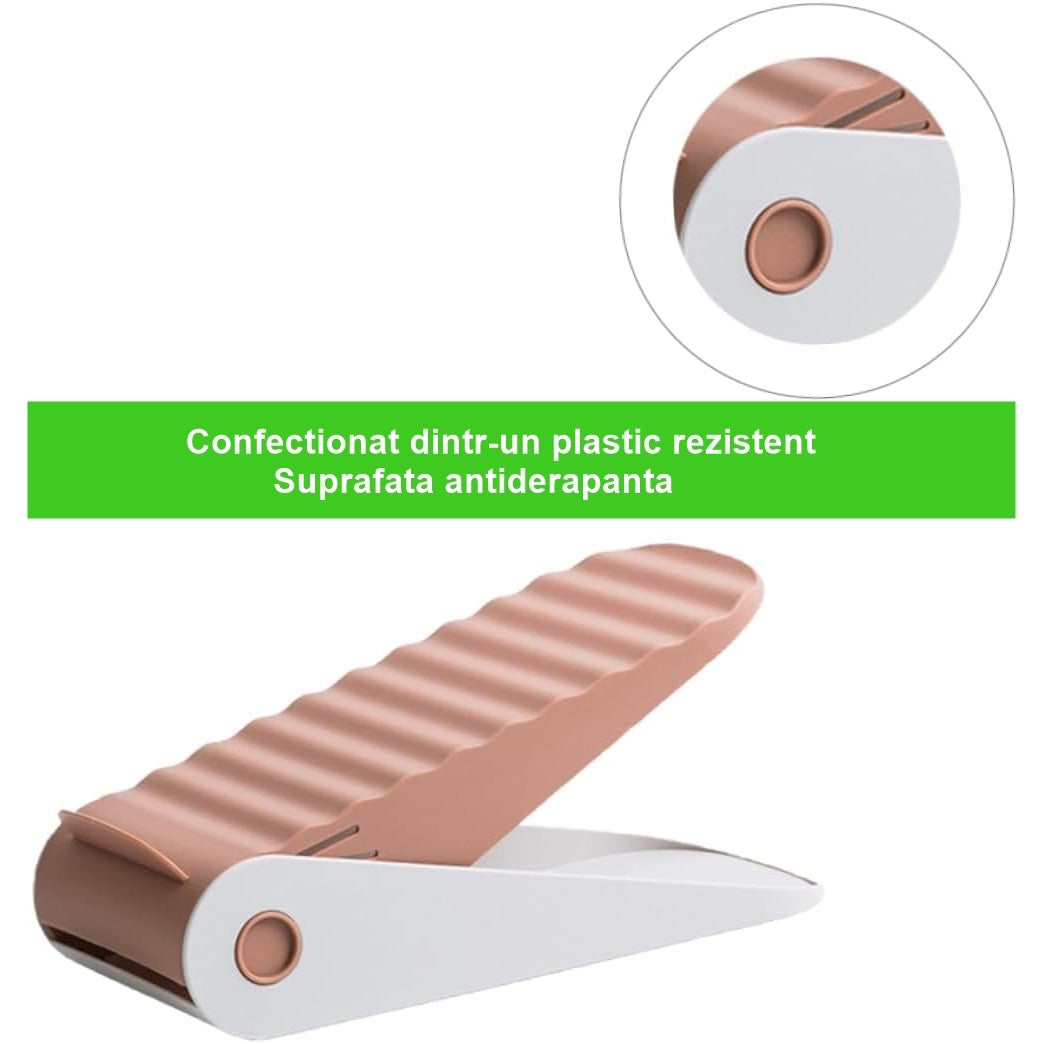 Suport Pantofi Organizator pentru Economisire Spatiu, Inaltime Reglabila pe 4 Niveluri, Suprafata Antiderapanta, Plastic Rezistent, 25.5x11x7.5 cm, Roz