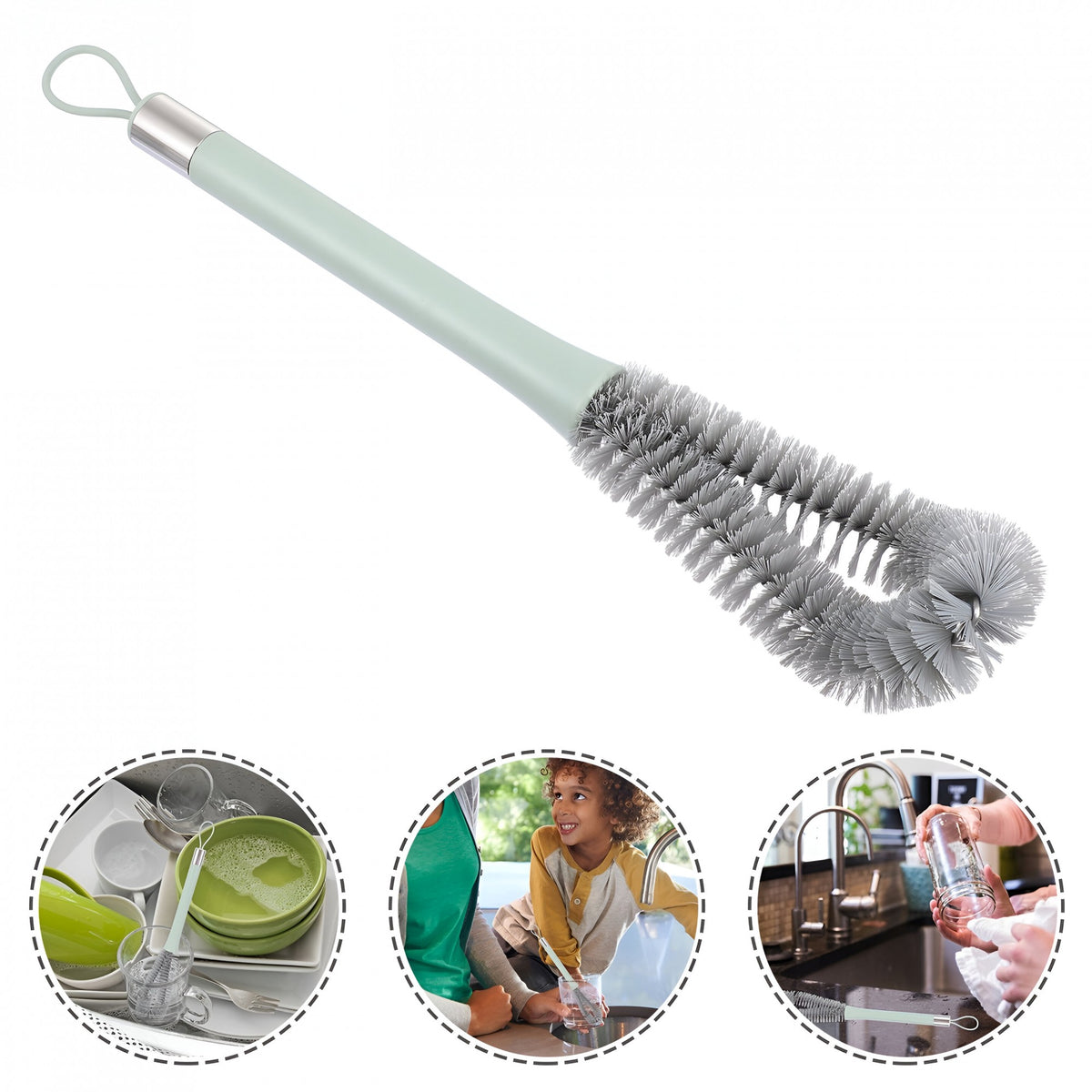Perie de Curatat Pahare, Sticle si Biberoane, Maner Lung cu Mini Perie Tetine, Silicon si ABS, 38.5 cm, Verde