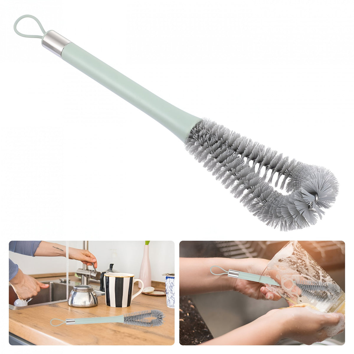 Perie de Curatat Pahare, Sticle si Biberoane, Maner Lung cu Mini Perie Tetine, Silicon si ABS, 38.5 cm, Verde