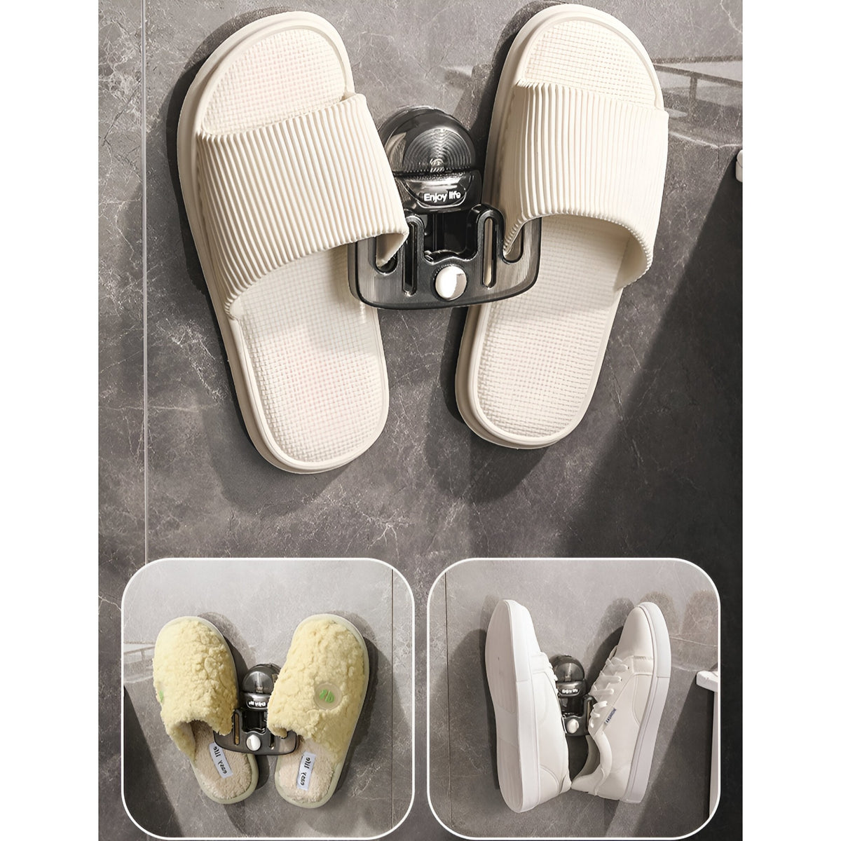 Suport Papuci de Baie si Incaltaminte, Montare pe Perete fara Perforare, Sistem de Drenaj si Ventilatie, Prindere cu Ventuza Adeziva, Plastic ABS, 11.6x11x4.8 cm, Gri Transparent