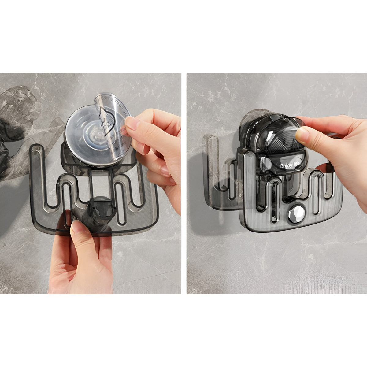 Suport Papuci de Baie si Incaltaminte, Montare pe Perete fara Perforare, Sistem de Drenaj si Ventilatie, Prindere cu Ventuza Adeziva, Plastic ABS, 11.6x11x4.8 cm, Gri Transparent