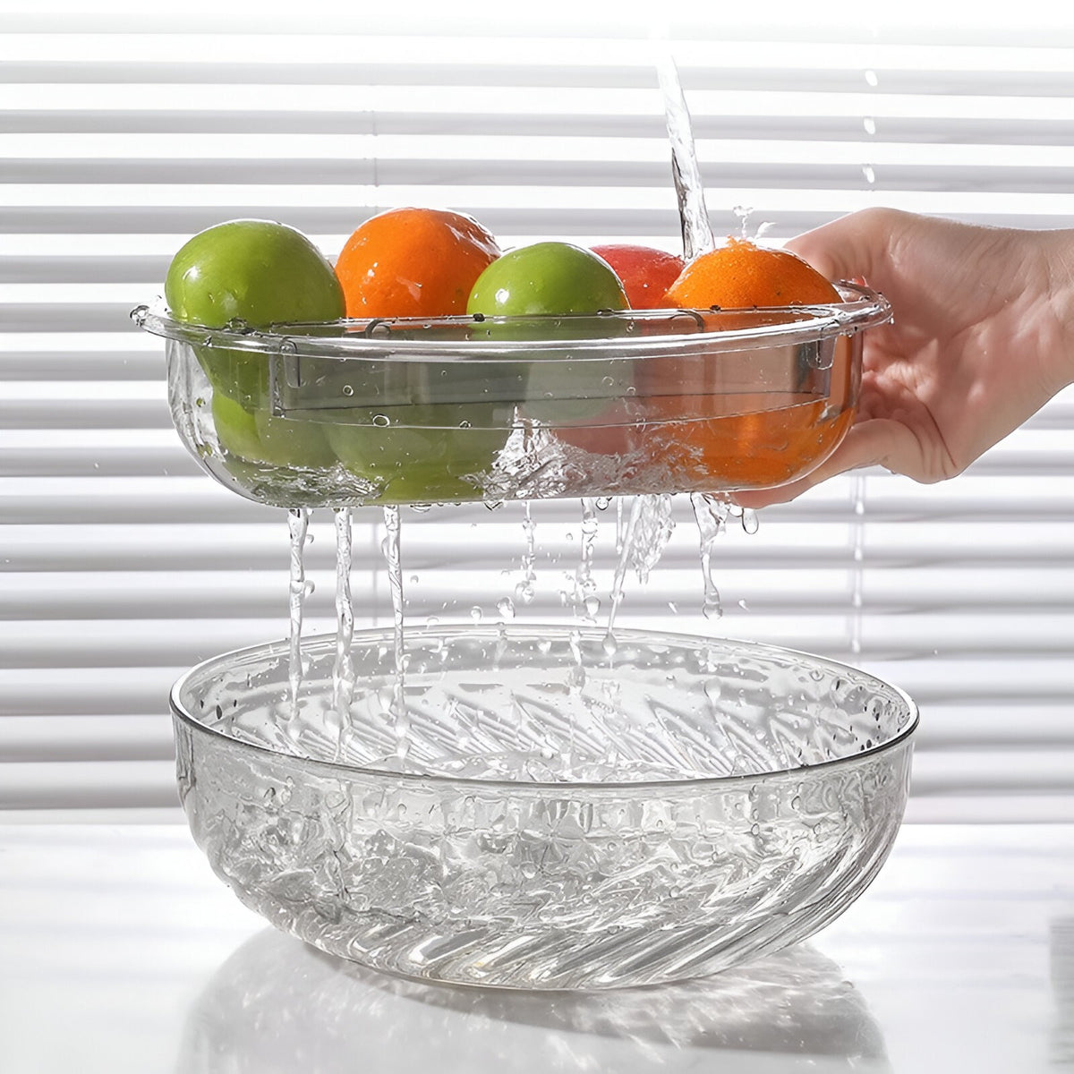 Bol cu Doua Straturi pentru Fructe si Legume, Vas cu Scurgere detasabila si Suport Telefon Mobil, Material PC Rezistent, 22.4x9 cm, Transparent