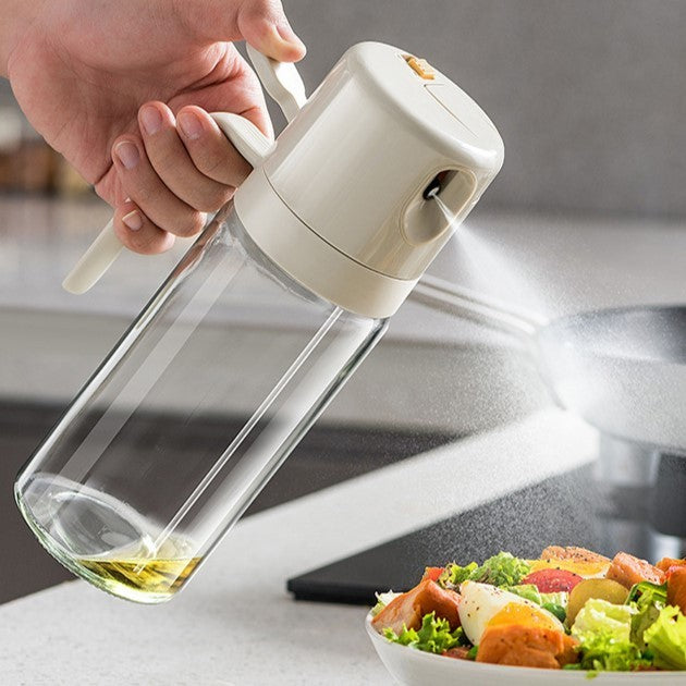 Dispenser pentru Ulei 2 in 1 cu Curgere si Pulverizare, Sticla de Condimente cu Deschidere Automata, Recipient din Sticla si ABS, 550 ml, Gri