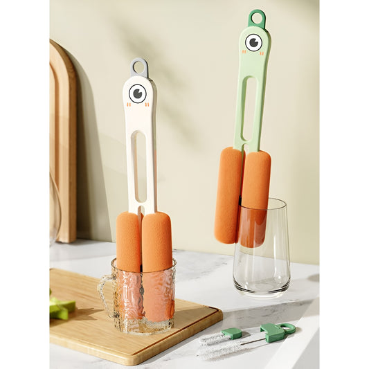 Perie de Curatat Pahare si Sticle 4 in 1, Set Curatare cu Maner Lung, Burete si Accesorii pentru Paie sau Capace, ABS si Silicon, 27.5 cm, Verde