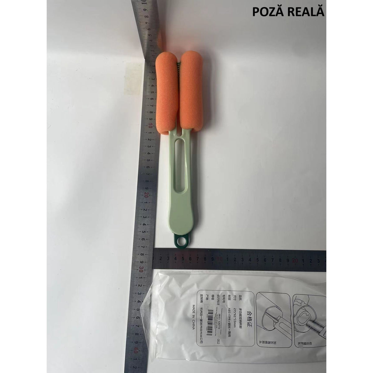 Perie de Curatat Pahare si Sticle 4 in 1, Set Curatare cu Maner Lung, Burete si Accesorii pentru Paie sau Capace, ABS si Silicon, 27.5 cm, Verde