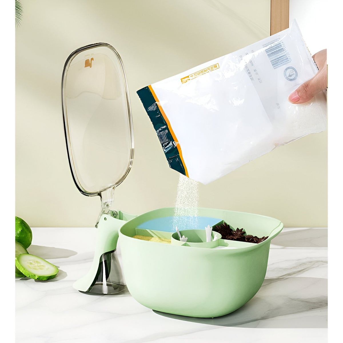 Organizator Condimente cu 4 Compartimente, Cutie de Depozitare cu Capac Transparent, Maner si 4 Lingurite Incluse, Plastic PP, 21 x 14 x 10 cm, Verde