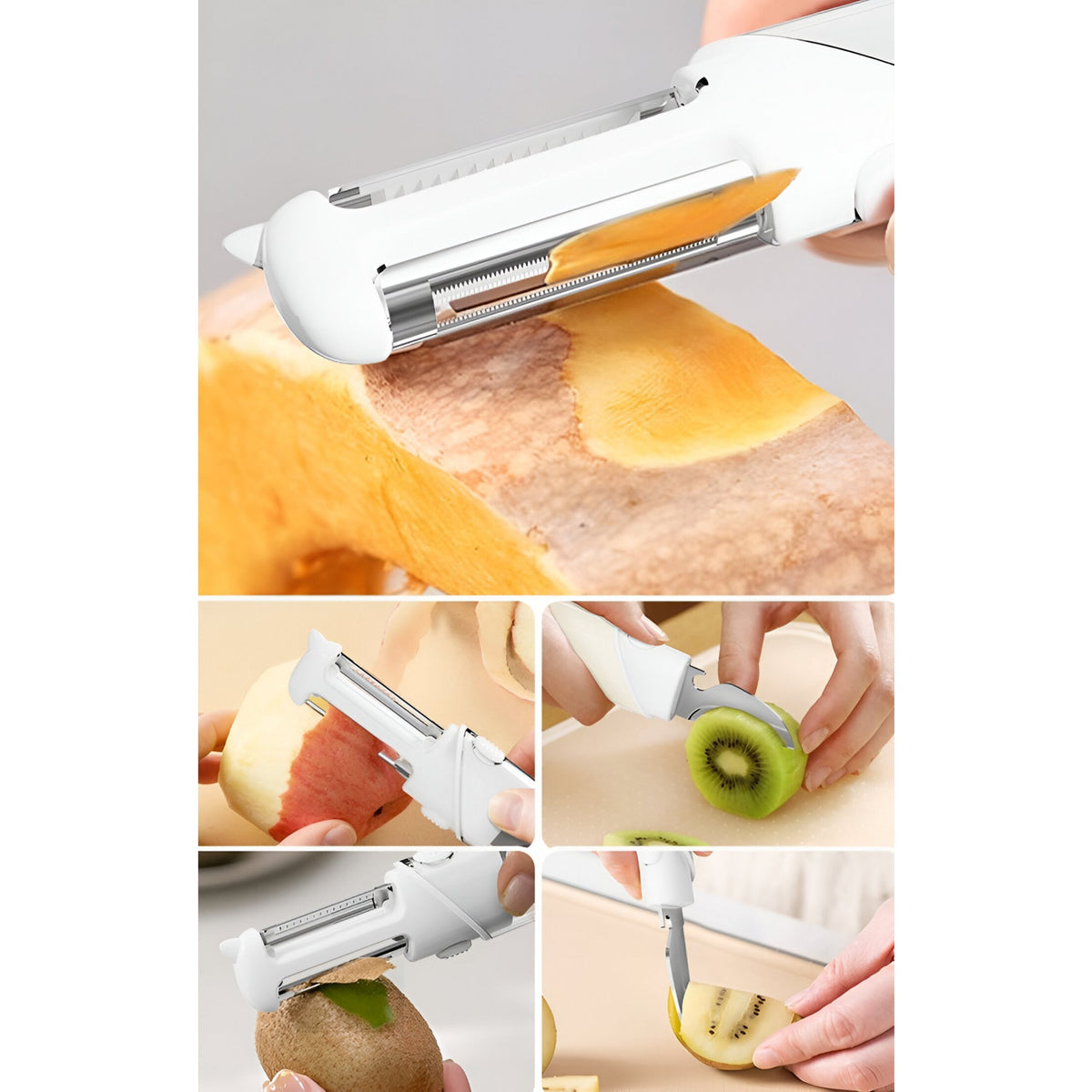 Dispozitiv Multifunctional 4 in 1 pentru Bucatarie, Cutit Fructe, Curatator Legume, Razatoare si Deschizator Sticle, Otel Inoxidabil si Plastic, 18.1x3.8x2 cm, Alb-Galben