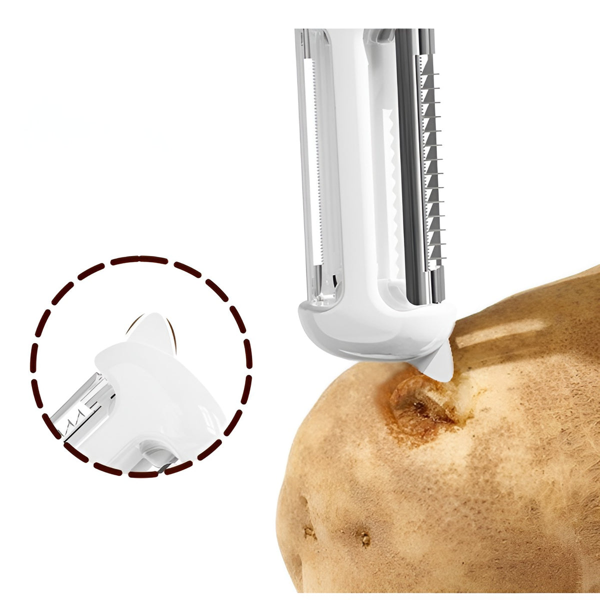 Dispozitiv Multifunctional 4 in 1 pentru Bucatarie, Cutit Fructe, Curatator Legume, Razatoare si Deschizator Sticle, Otel Inoxidabil si Plastic, 18.1x3.8x2 cm, Alb-Galben