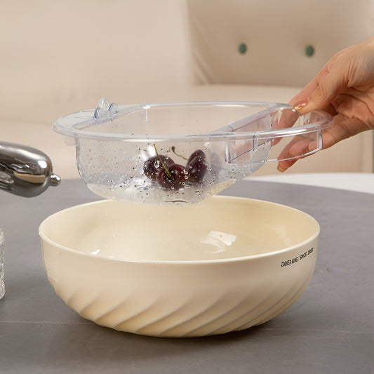 Bol pentru Fructe si Legume, Recipient Rotund pentru Snacks si Dulciuri, Vas Detașabil cu Strecurătoare, Material PC Rezistent, 22.4x9 cm, Crem