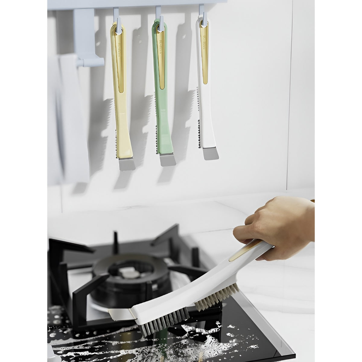 Set 2 Perii de Sarma pentru Bucatarie si Aragaz, Maner Ergonomic Lung cu Orificiu Suspendare, Peri din Otel Rezistenti la Grasime, 24.5x2.7x6.7 cm, Galben
