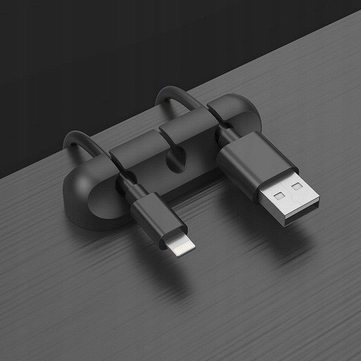 Organizator Cabluri si Fire, Suport Autoadeziv cu 3 Sloturi, Management Cablu USB si Incarcator, Silicon Flexibil, 6.4x2.2cm, Negru