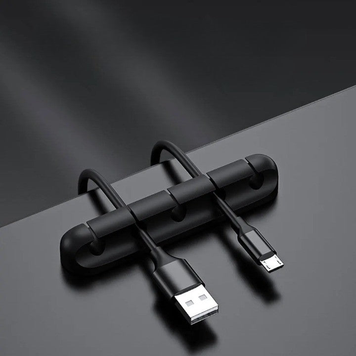 Organizator Cabluri si Fire, Suport Autoadeziv cu 5 Sloturi, Management Cablu USB si Mouse, Silicon Flexibil, 9.6x2.2 cm, Negru