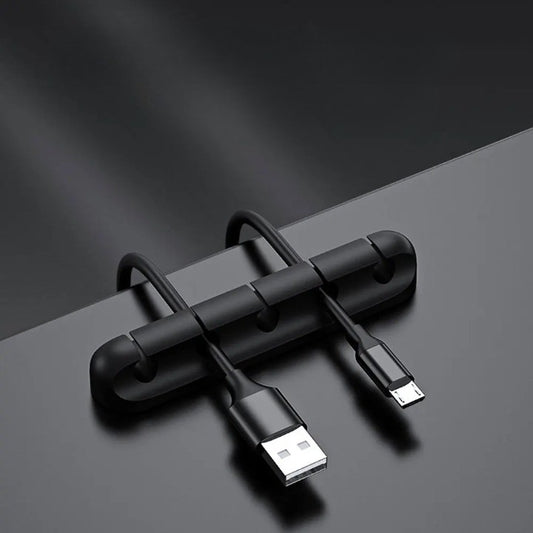 Organizator Cabluri si Fire, Suport Autoadeziv cu 5 Sloturi, Management Cablu USB si Mouse, Silicon Flexibil, 9.6x2.2 cm, Negru