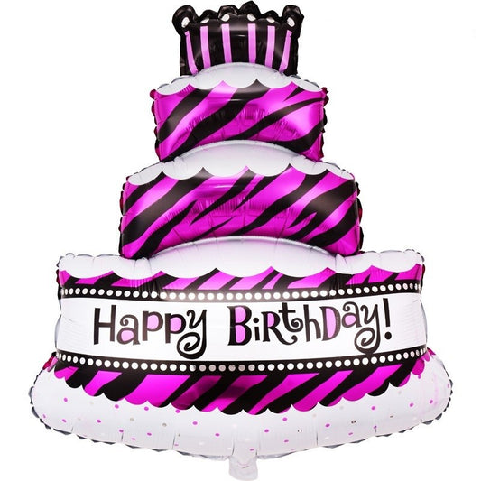 Balon Aniversar din Folie Metalizata, Model Tort cu 4 Straturi Happy Birthday, Umflare Aer sau Heliu, include Pai, 62x43 cm, Mov