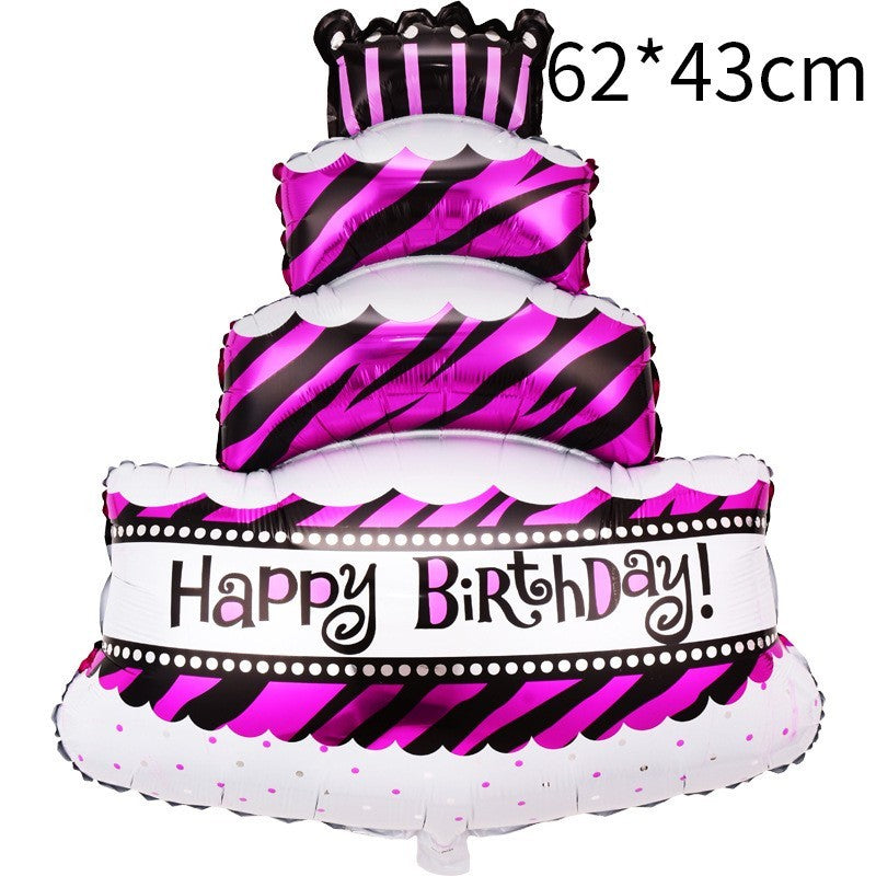 Balon Aniversar din Folie Metalizata, Model Tort cu 4 Straturi Happy Birthday, Umflare Aer sau Heliu, include Pai, 62x43 cm, Mov