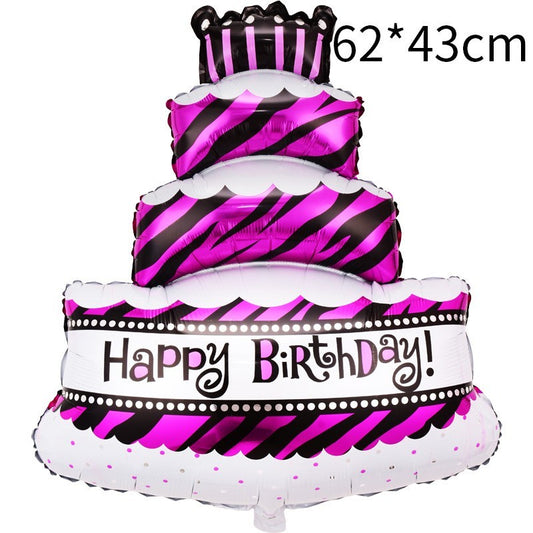 Balon Aniversar din Folie Metalizata, Model Tort cu 4 Straturi Happy Birthday, Umflare Aer sau Heliu, include Pai, 62x43 cm, Mov