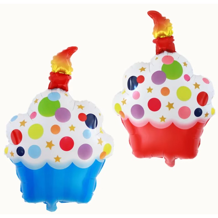 Balon din Folie Metalizata, Model Figurina Prajitura Aniversara, Tematica Dulciuri, Umflare cu Aer sau Heliu, Pai Inclus, 68x44 cm, Multicolor