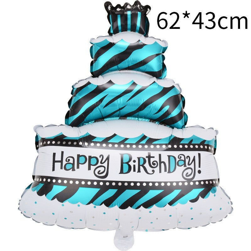 Balon Aniversar din Folie Metalizata, Model Tort cu 4 Straturi Happy Birthday, Umflare Aer sau Heliu, Include Pai, 62x43 cm, Albastru