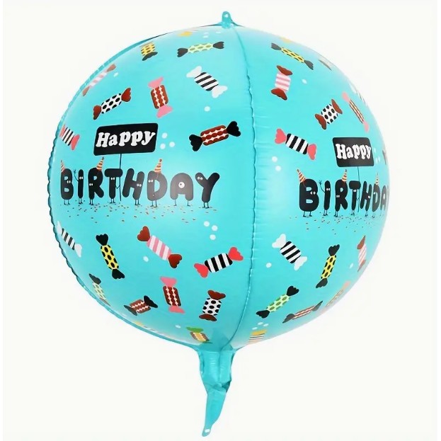 Balon din Folie Metalizata Happy Birthday, Figurina 4D Tematica Bombonele, Umflare cu Aer sau Heliu, include Pai de Umflare, 63x24 cm, Albastru