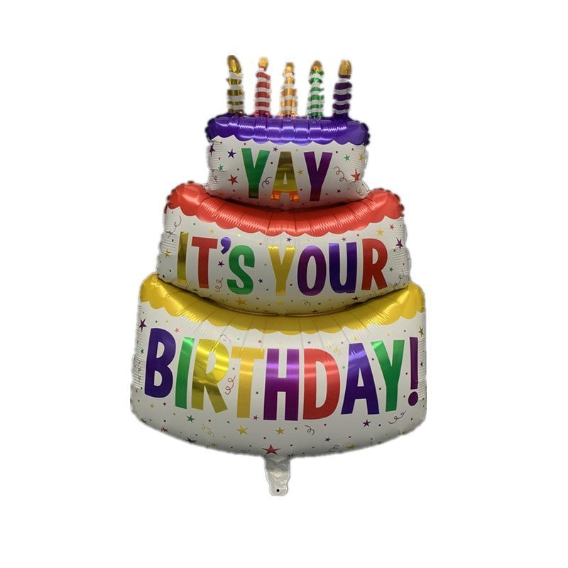 Balon Aniversar din Folie Metalizata, Model Tort cu 3 Straturi Happy Birthday, Umflare Aer sau Heliu, Include Pai, Multicolor, 102x62 cm