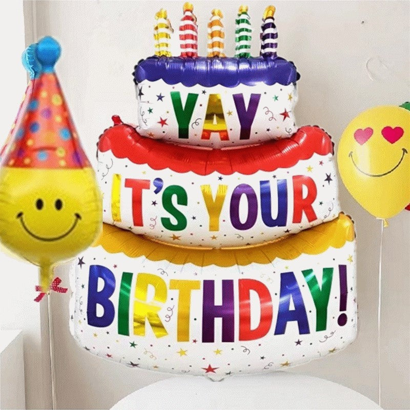 Balon Aniversar din Folie Metalizata, Model Tort cu 3 Straturi Happy Birthday, Umflare Aer sau Heliu, Include Pai, Multicolor, 102x62 cm