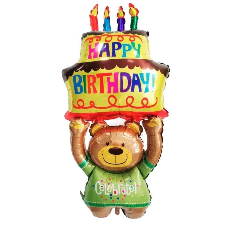 Balon Aniversar din Folie Metalizata, Model Ursulet cu Tort, Figurina Animalute, Umflare Aer sau Heliu, include Pai, 124x65 cm, Multicolor