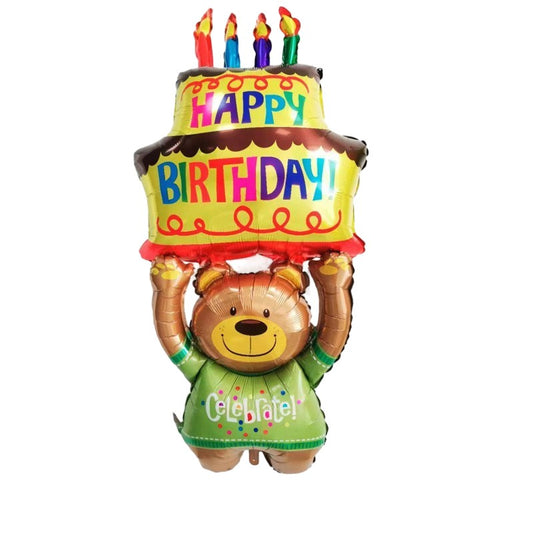 Balon Aniversar din Folie Metalizata, Model Ursulet cu Tort, Figurina Animalute, Umflare Aer sau Heliu, include Pai, 124x65 cm, Multicolor