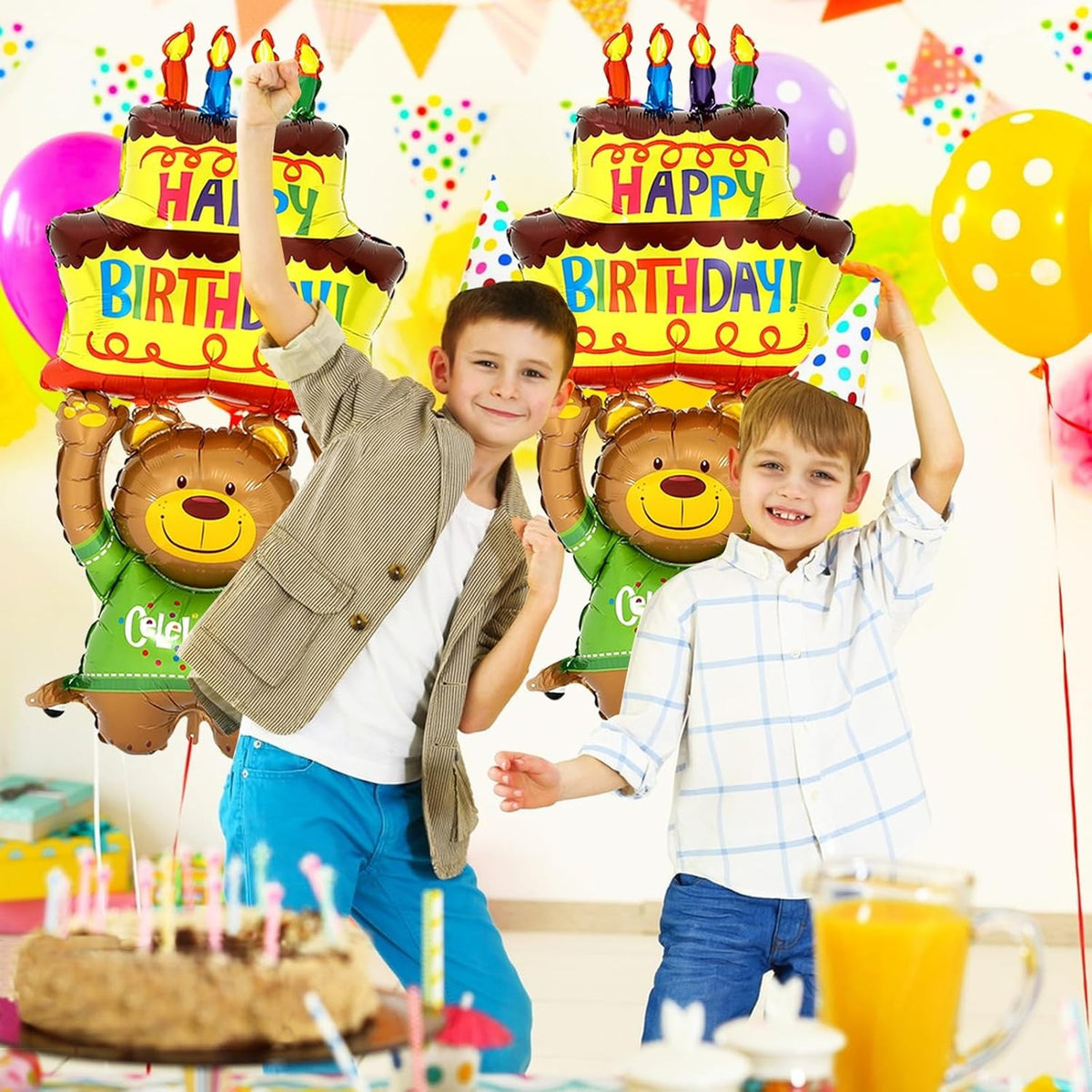 Balon Aniversar din Folie Metalizata, Model Ursulet cu Tort, Figurina Animalute, Umflare Aer sau Heliu, include Pai, 124x65 cm, Multicolor