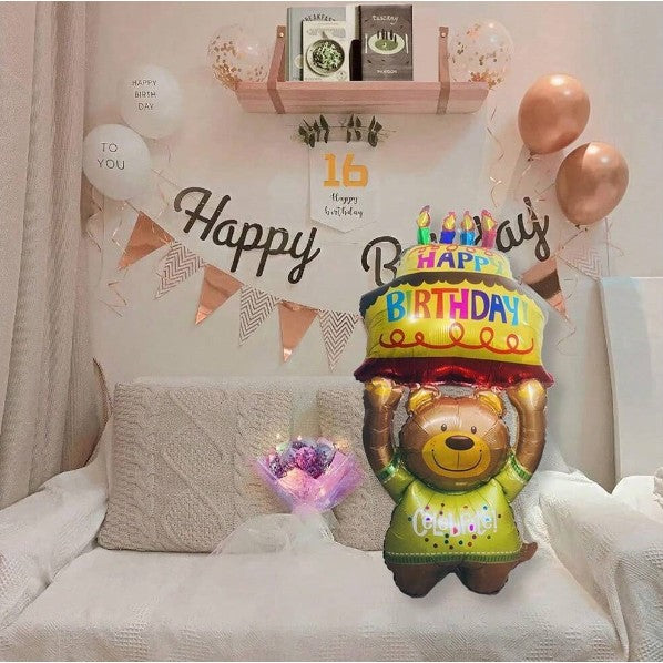 Balon Aniversar din Folie Metalizata, Model Ursulet cu Tort, Figurina Animalute, Umflare Aer sau Heliu, include Pai, 124x65 cm, Multicolor
