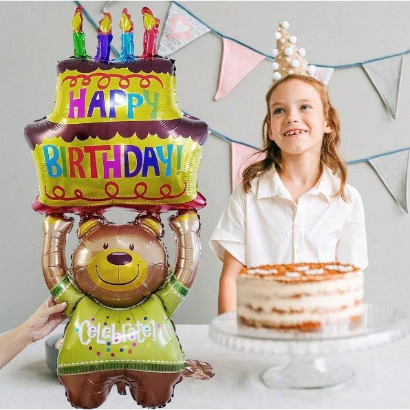 Balon Aniversar din Folie Metalizata, Model Ursulet cu Tort, Figurina Animalute, Umflare Aer sau Heliu, include Pai, 124x65 cm, Multicolor