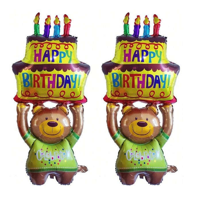 Balon Aniversar din Folie Metalizata, Model Ursulet cu Tort, Figurina Animalute, Umflare Aer sau Heliu, include Pai, 124x65 cm, Multicolor
