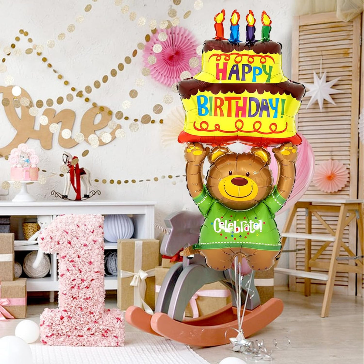 Balon Aniversar din Folie Metalizata, Model Ursulet cu Tort, Figurina Animalute, Umflare Aer sau Heliu, include Pai, 124x65 cm, Multicolor