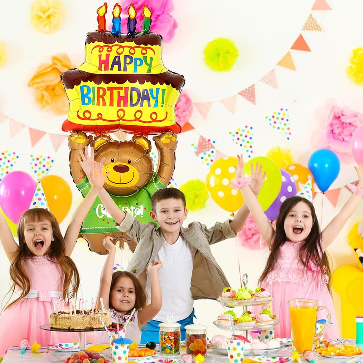 Balon Aniversar din Folie Metalizata, Model Ursulet cu Tort, Figurina Animalute, Umflare Aer sau Heliu, include Pai, 124x65 cm, Multicolor